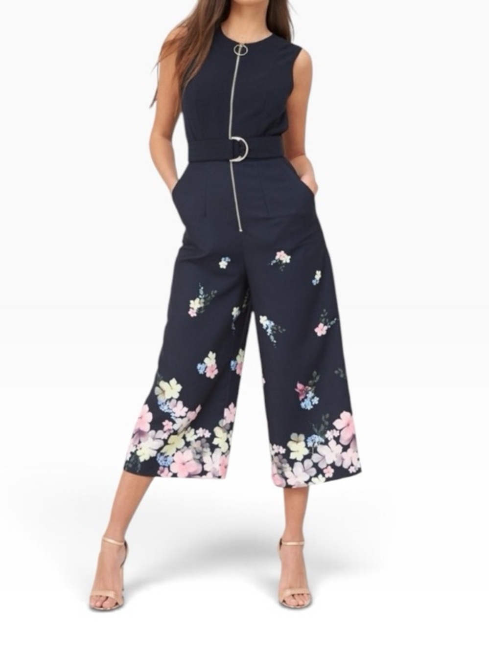 Ted Baker Cosetee Pergola Floral Zip Front Jumpsuit Black Crop Wide Leg Size Med